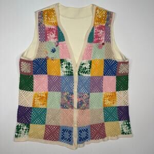 Vintage 1970’s Granny Square Crocheted Multicolor Vest - Handmade